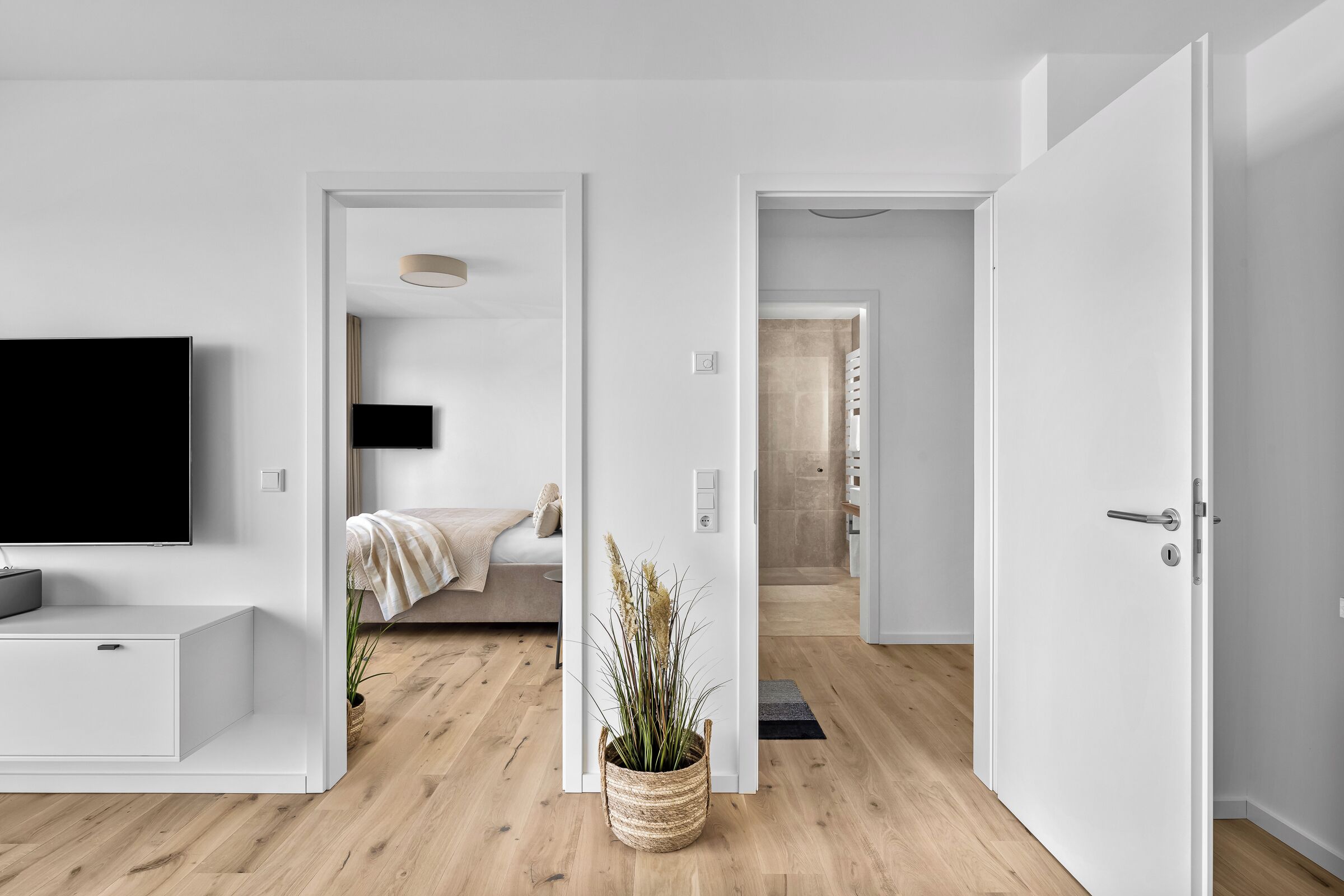 Una sala de estar moderna con un televisor de pantalla plana, un sofá, una mesa de centro y una planta en maceta.
