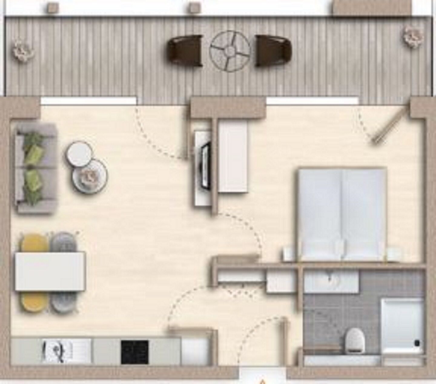 Ein Grundriss eines Hotelzimmers mit einer Küchenzeile, einem Badezimmer, einer Sitzecke mit Tisch und Stühlen sowie einem kleinen Balkon.