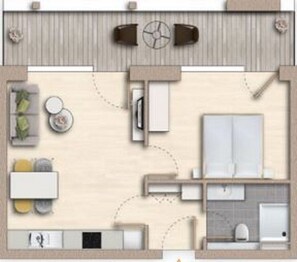 A floor plan of a hotel room with a kitchenette, a bathroom, a seating area with a table and chairs, and a small balcony. - The View A02 Wind und Watt - Balcony, shared. Sauna,garden furniture,car parking (Dagebüll)