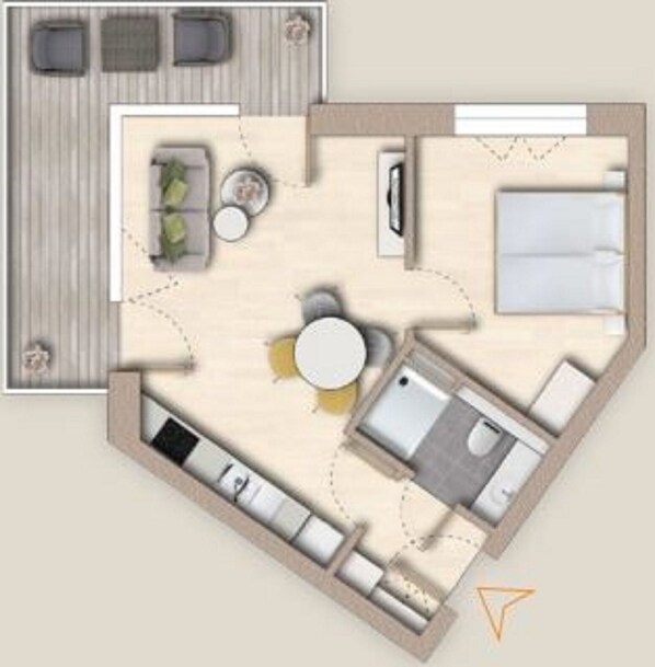 A floor plan of a hotel room with a bed, a sitting area with a table and chairs, a kitchenette, and a bathroom. - The View A9 Auster – Sea view, shared sauna, elevator, parking space (Dagebüll)