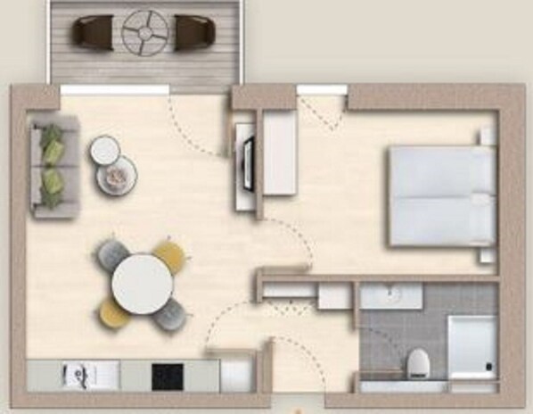 A floor plan of a hotel room with a bed, a small kitchenette, a seating area with a table and chairs, and a bathroom. - The View A11 Deichperle - sea view, garden furniture, elevator, shared. Sauna (Dagebüll)
