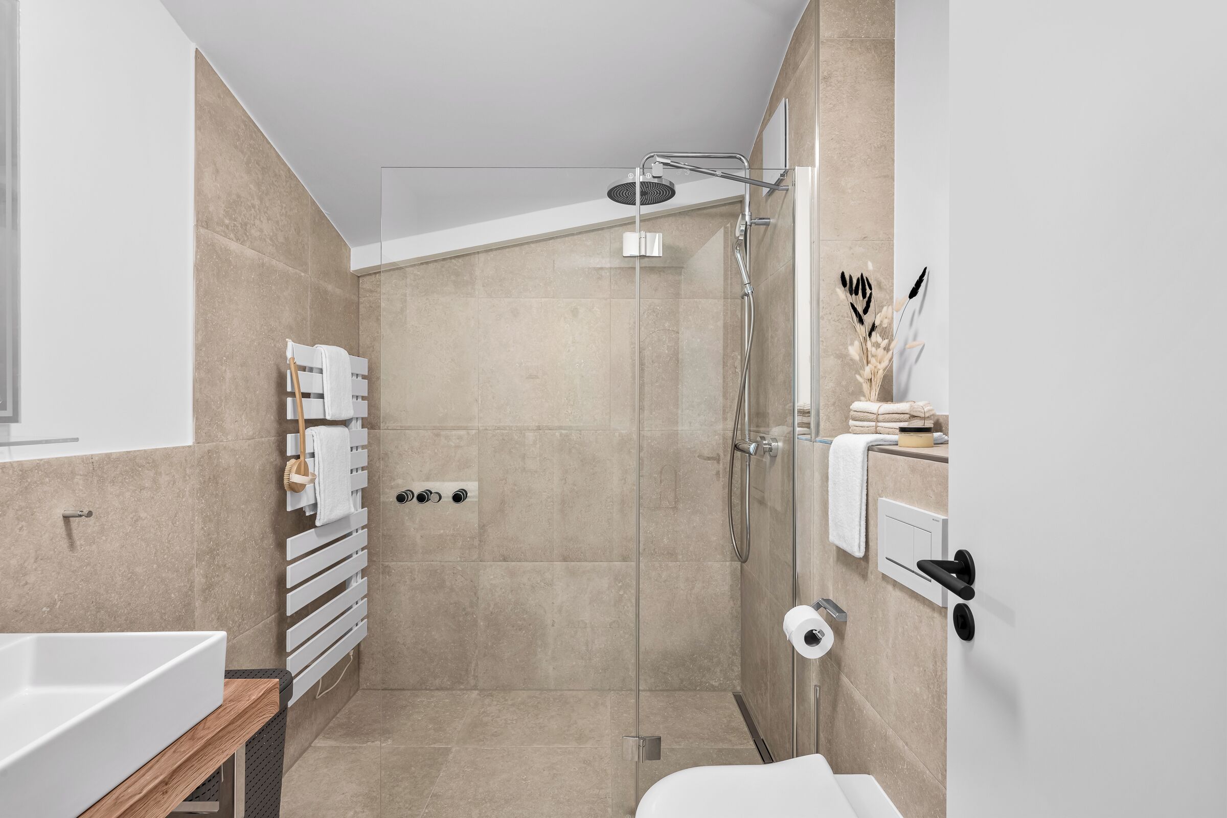 Une salle de bain moderne avec une douche à parois de verre, un lavabo blanc et des toilettes.