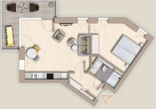 A floor plan of a hotel room with a bed, a desk, a chair, a small table, and a sofa. - The View A13 Küstenkoje – Sea View, Shared Sauna, Elevator, Garden Furniture (Dagebüll)