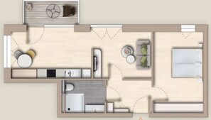 A floor plan of a hotel room with a kitchenette, a bathroom, a seating area, and a bed. - The View A15 Mole 15 - Sea view, common. Sauna, elevator, dog-friendly, parking (Dagebüll)