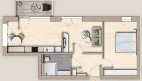 A floor plan of a hotel room with a kitchenette, a bathroom, a seating area, and a bed. - The View A15 Mole 15 - Sea view, common. Sauna, elevator, dog-friendly, parking (Dagebüll)