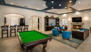 A pool table in a well-lit room with a bar area, seating, and a fireplace. - 1 BA Marina Del Rey - Quick Trip To Venice Beach (Marina del Rey)