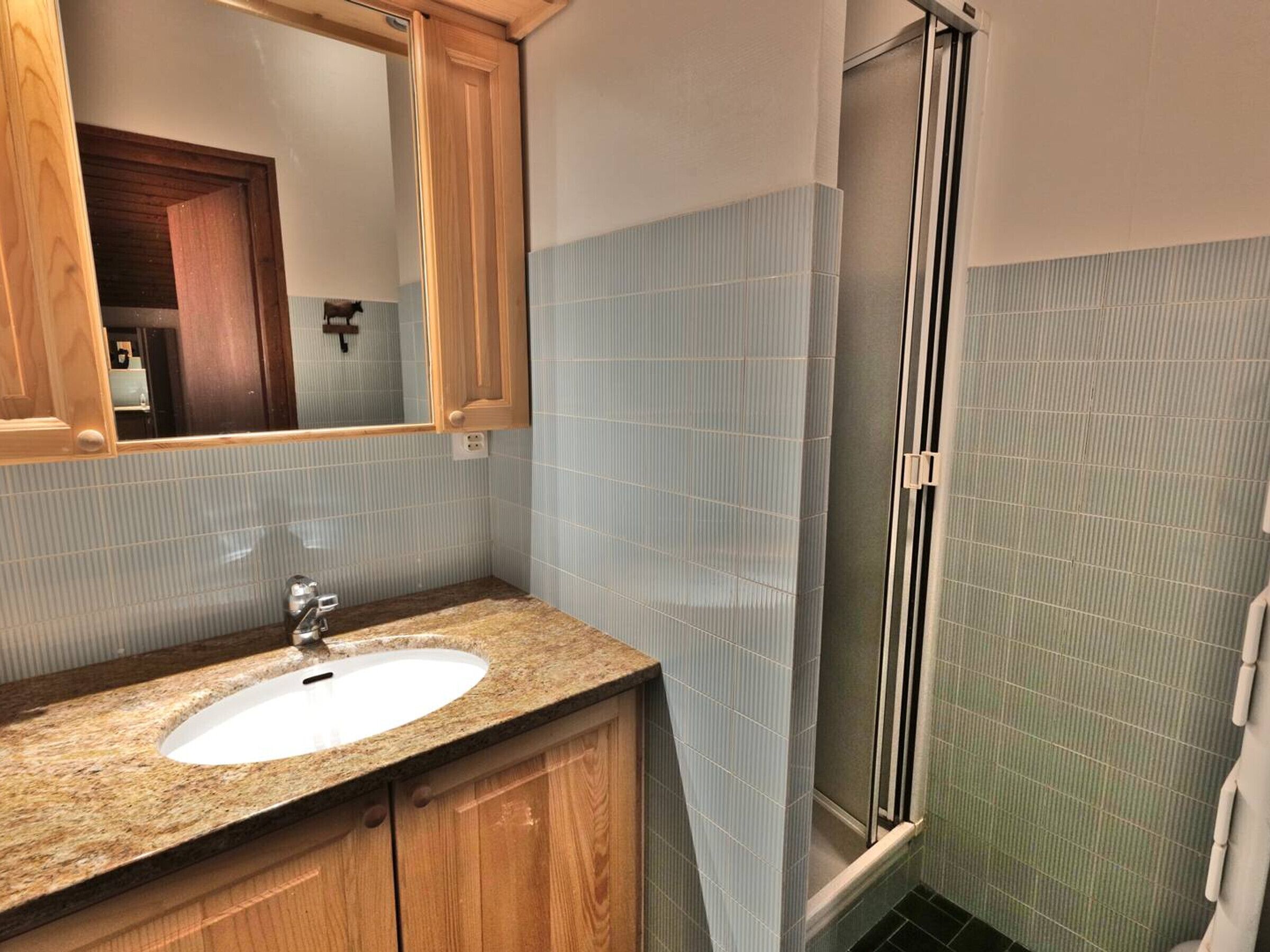 A bathroom with a granite countertop sink, wooden cabinets, a mirror, and a shower with a glass door.