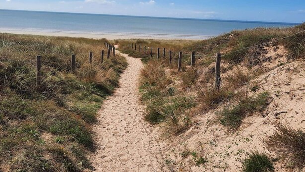 Un camí de sorra que condueix a una platja, amb una tanca a un costat.