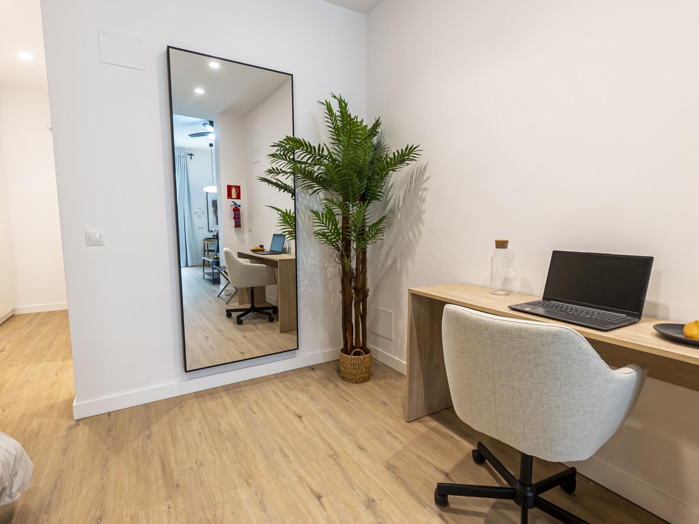 A modern office space with a large mirror, a desk with a laptop, a grey office chair, and a potted plant.
