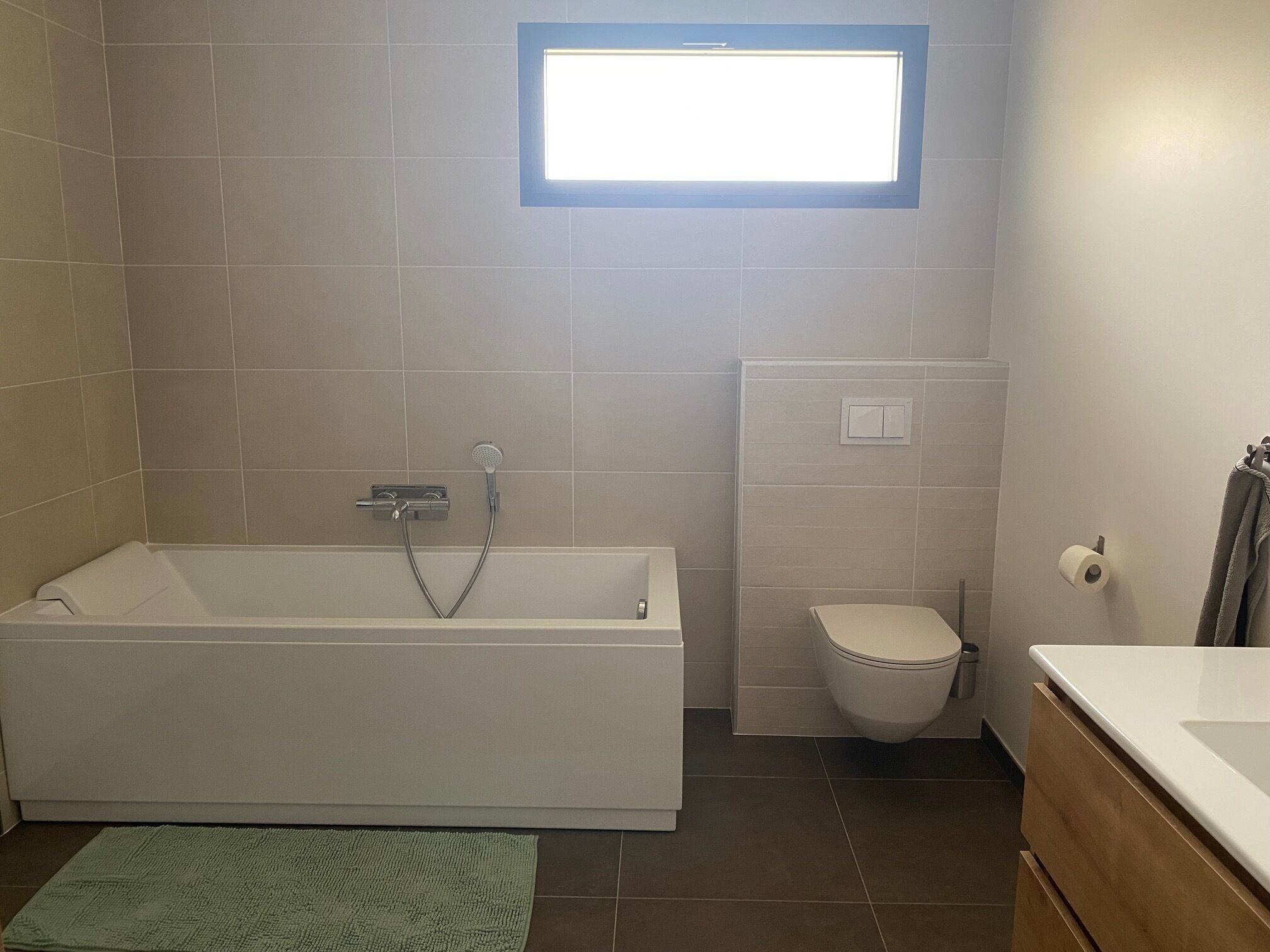 Regadera, tina de hidromasaje, papel de baño 