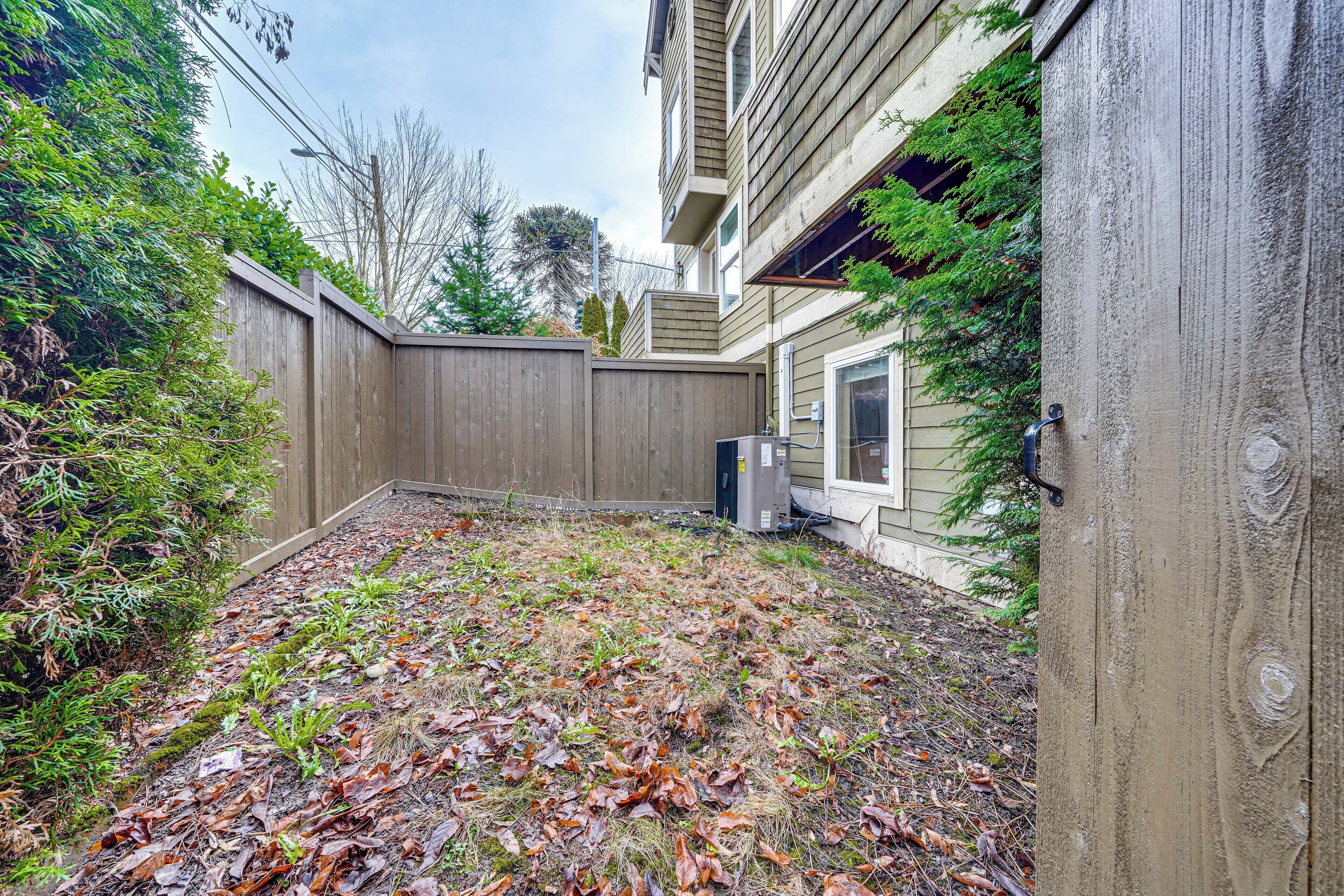 A backyard with a wooden fence, a house with a window, and some greenery.