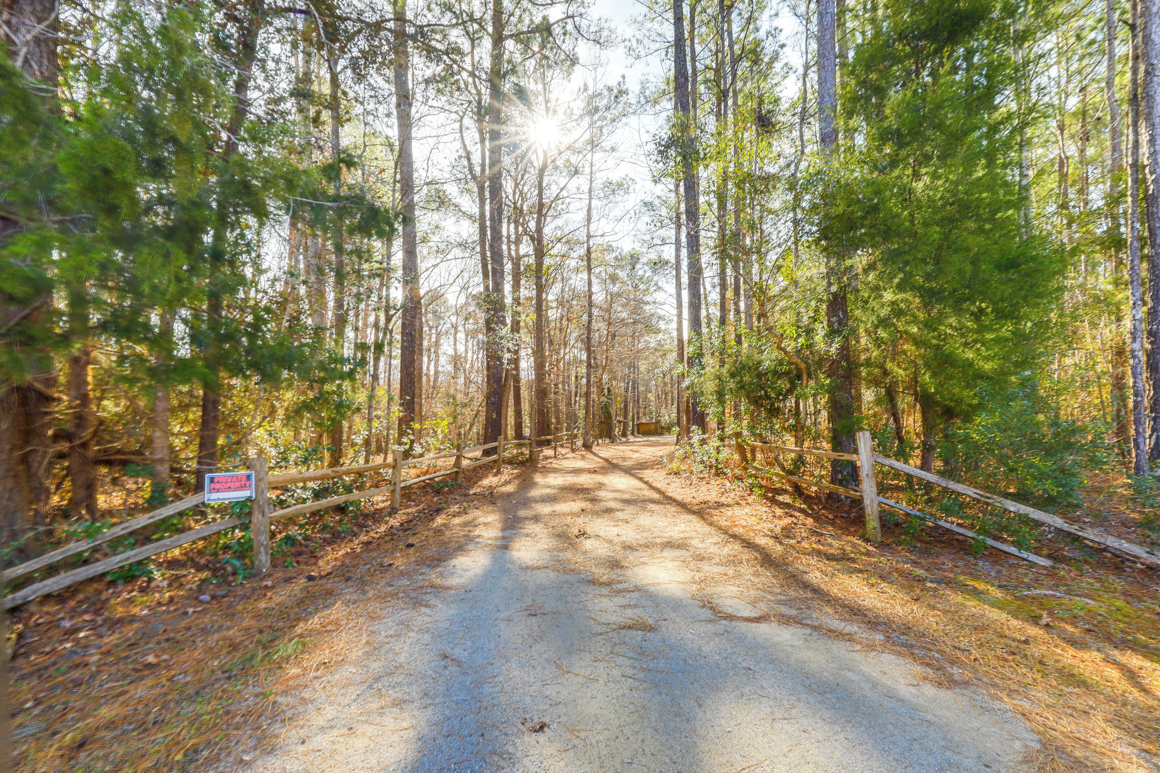 A forested dirt road with a wooden fence on one side and a signpost in the distance.