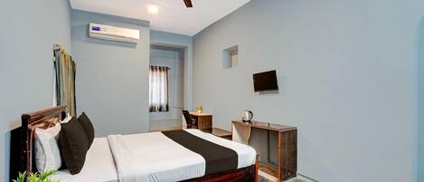 Un dormitorio con una cama, ventilador de techo, aire acondicionado, televisor, escritorio y una planta.