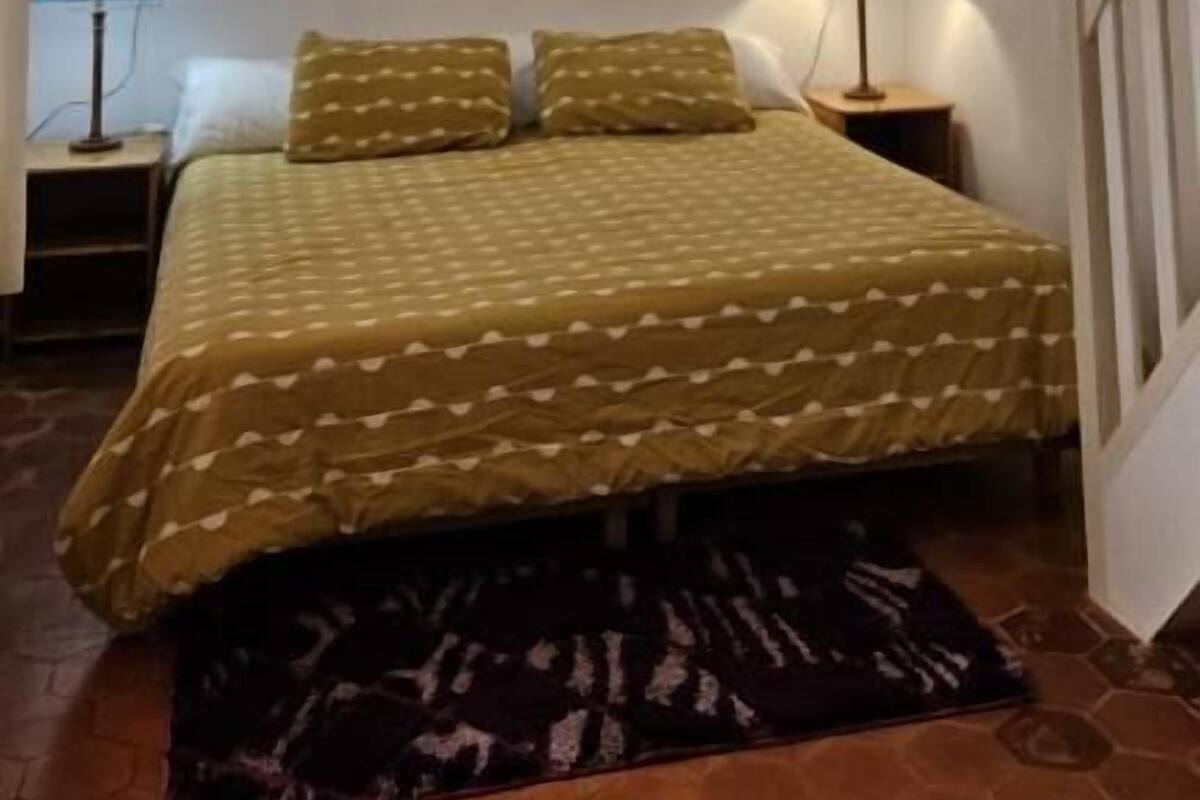 A bedroom with a bed, two bedside lamps, a patterned bedspread, and a dark rug.
