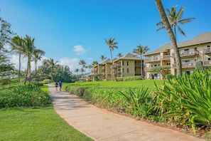 A pathway leading to a resort with multiple-story buildings, surrounded by lush greenery and palm trees.