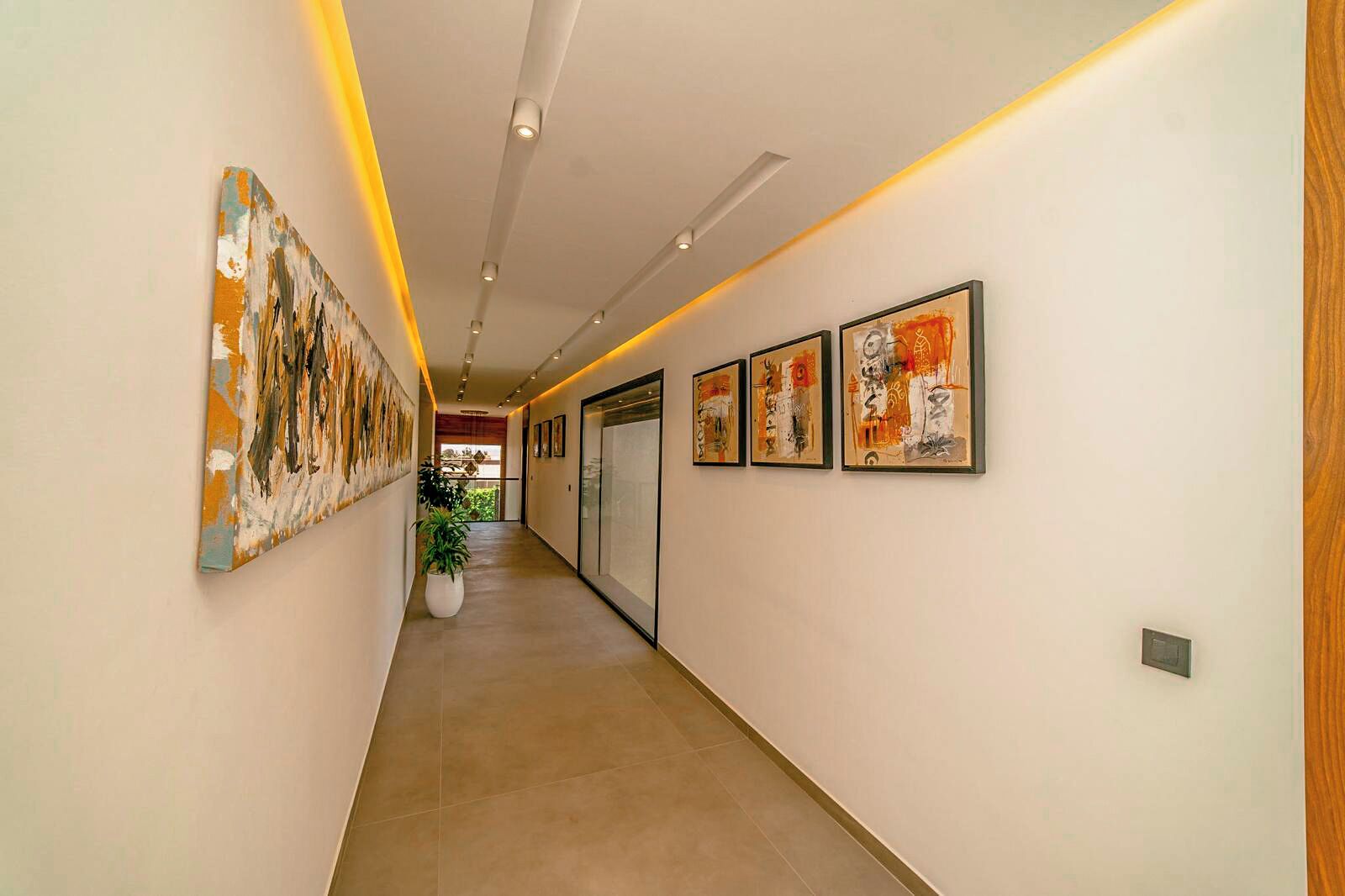 A hallway with artwork on the walls, a potted plant, and a door at the end.