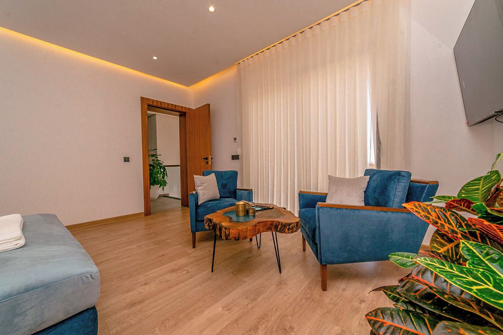 Ein modernes Wohnzimmer mit zwei blauen Sofas, einem Holztisch und einem grauen Sofa.
