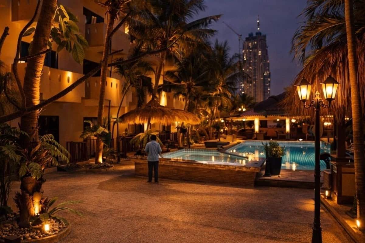 A nighttime resort pool area with palm trees, a pool, and a building in the background.
