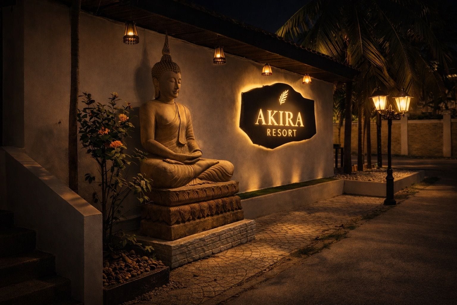 A Buddha statue in front of a building with a sign that reads 'AKIRA RESORT'.
