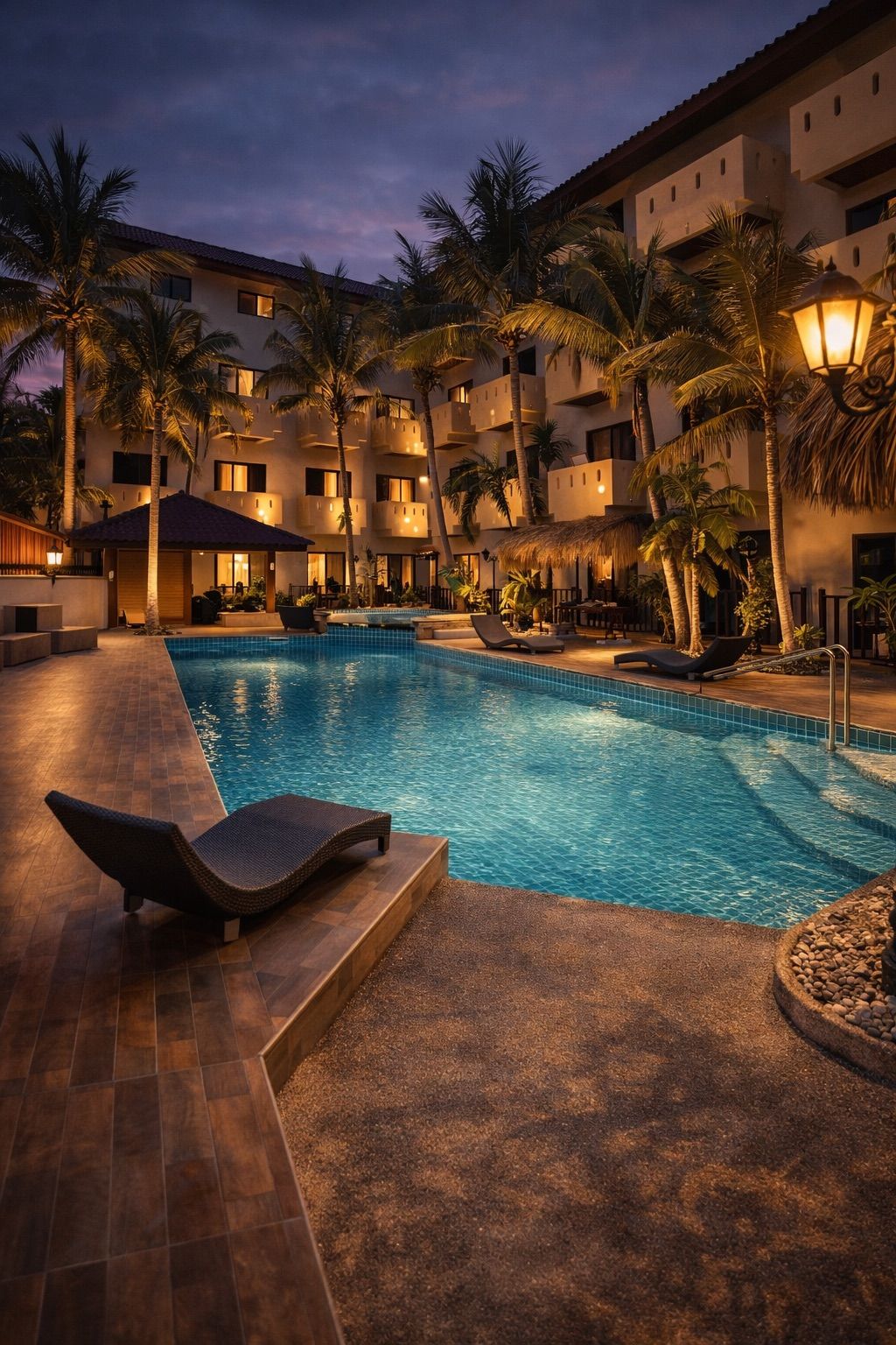 A swimming pool with lounge chairs, palm trees, and a building with balconies in the background.