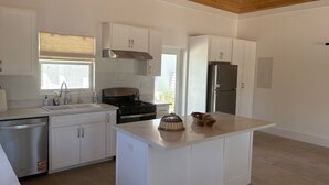 A modern kitchen with white cabinetry, a stainless steel dishwasher, a gas stove, and a built-in refrigerator.
