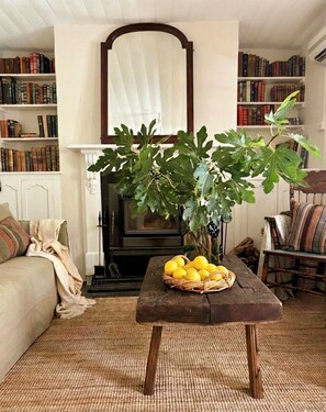 Una Smart TV, una chimenea, libros, un reproductor estéreo