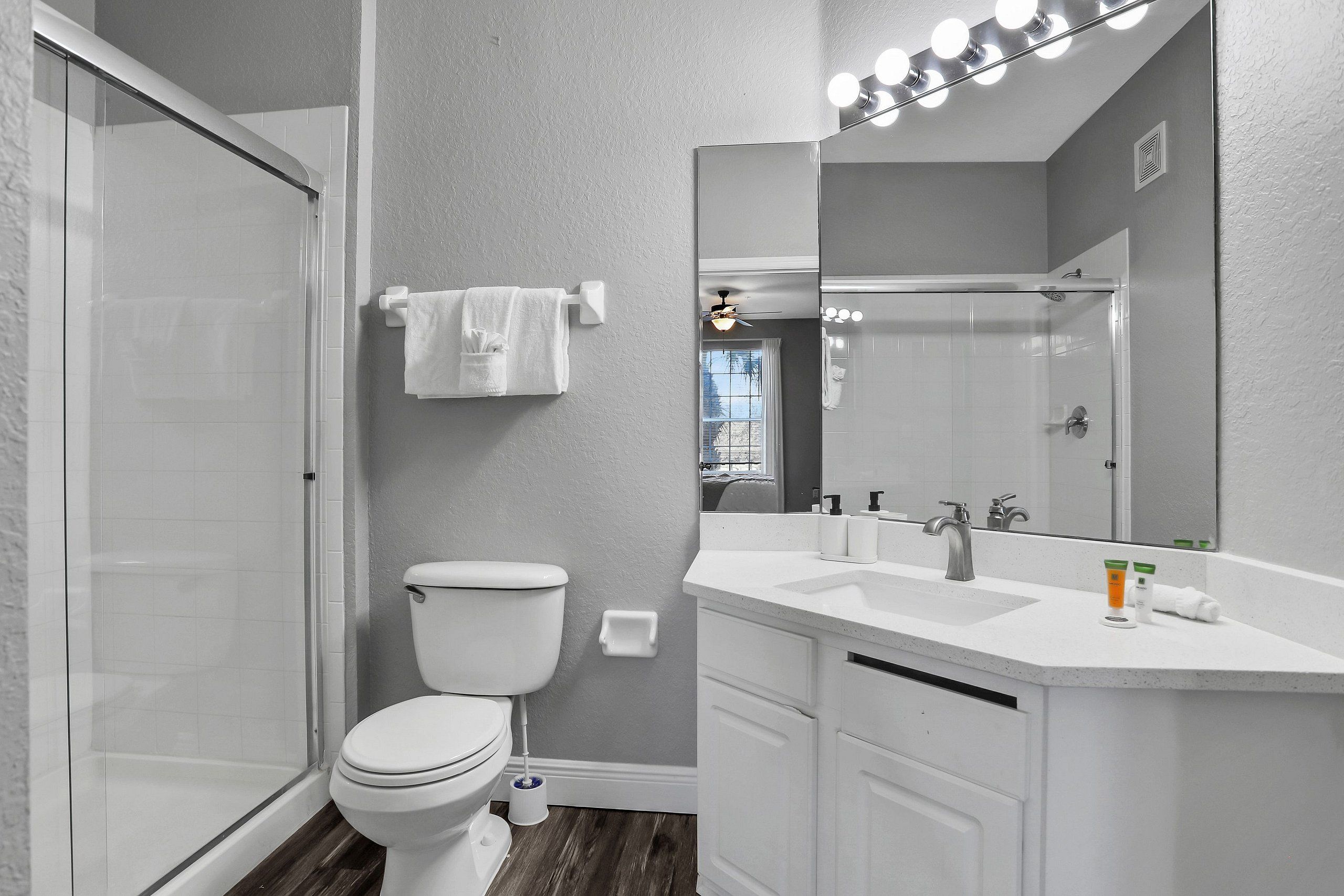 A modern bathroom with a glass shower enclosure, a toilet, a vanity with a sink and mirror, and a towel rack.