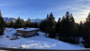 Een chalet met een met sneeuw bedekte dak, omringd door altijdgroene bomen en bergen op de achtergrond.