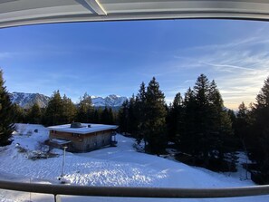 Eine Hütte mit schneebedecktem Dach, umgeben von immergrünen Bäumen und Bergen im Hintergrund.