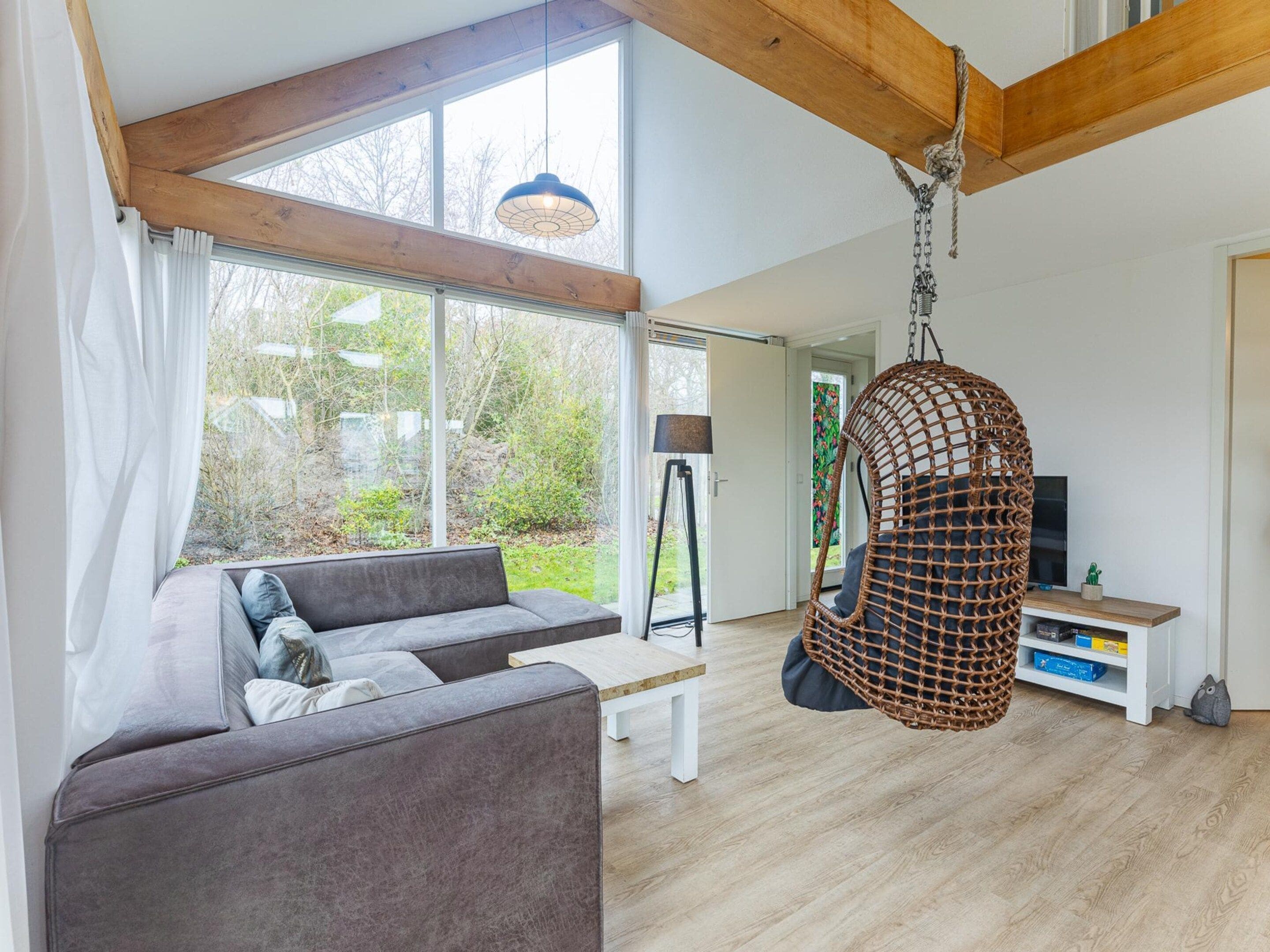 A modern living room with a sofa, a hanging chair, a TV, and a wooden floor.