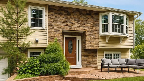 A two-story house with a stone facade, a front door, a small porch with steps, and a seating area with a sofa. - This house is a 3 bedroom(s), 2 bathrooms, located in Latham, NY. (Latham)