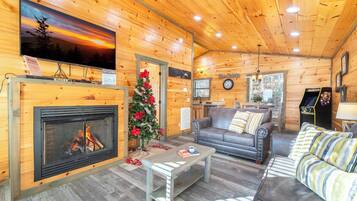 Televisie, een open haard en een dvd-speler