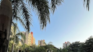 A swimming pool with clear blue water, surrounded by palm trees and modern buildings. - Cozy 1-bedroom apartment with AC and golf course access (Gahunje)