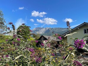 Una casa con montañas al fondo, rodeada de plantas y flores diversas.