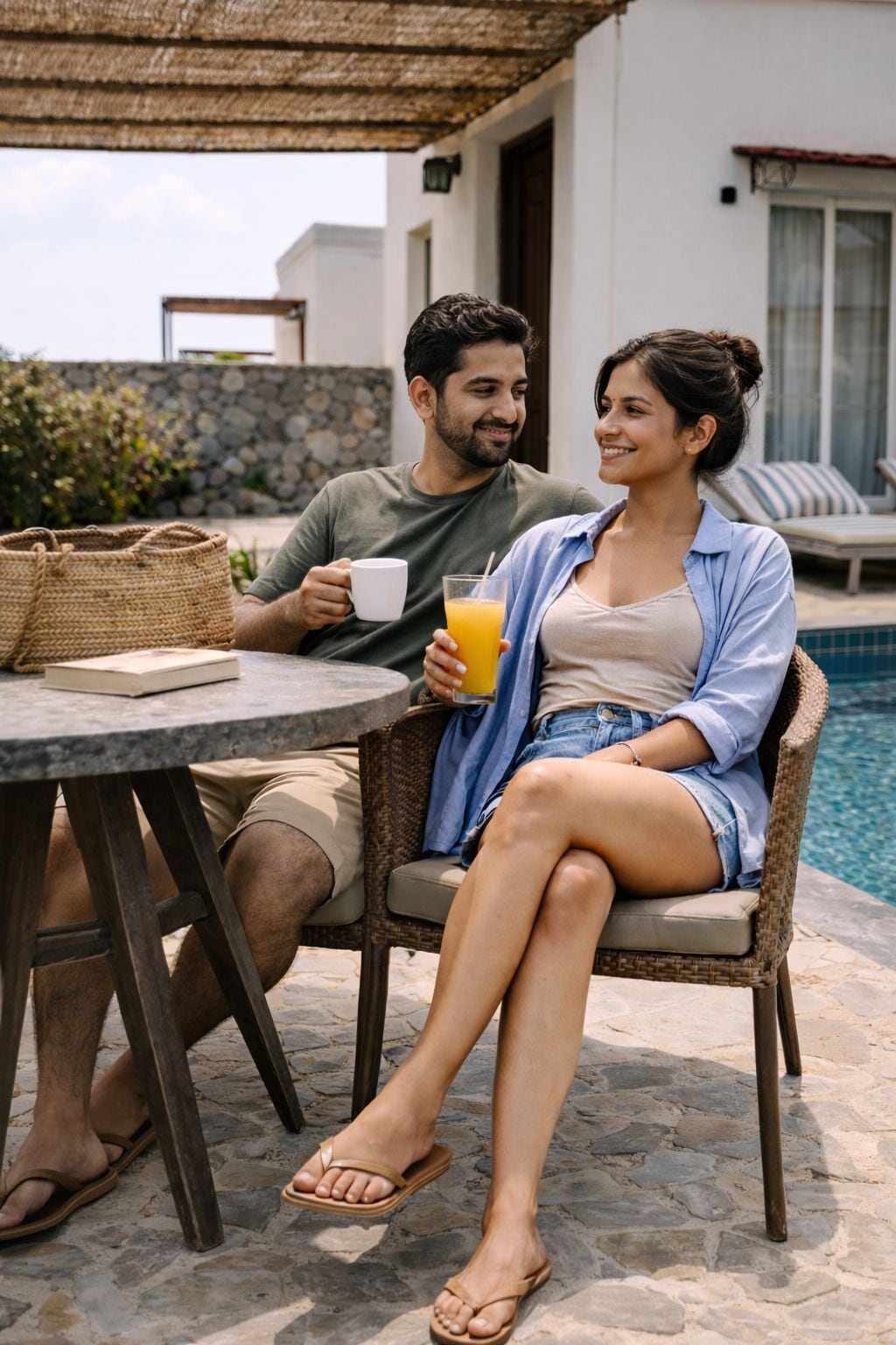 Una coppia seduta a un tavolo all'aperto con un drink, vicino a una piscina.