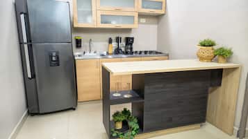 Leilighet | Eget kjøkken | Kjøleskap, kaffetrakter/tekoker og rengjøringsutstyr