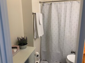 Secadora de cabello, toallas, jabón, papel de baño 