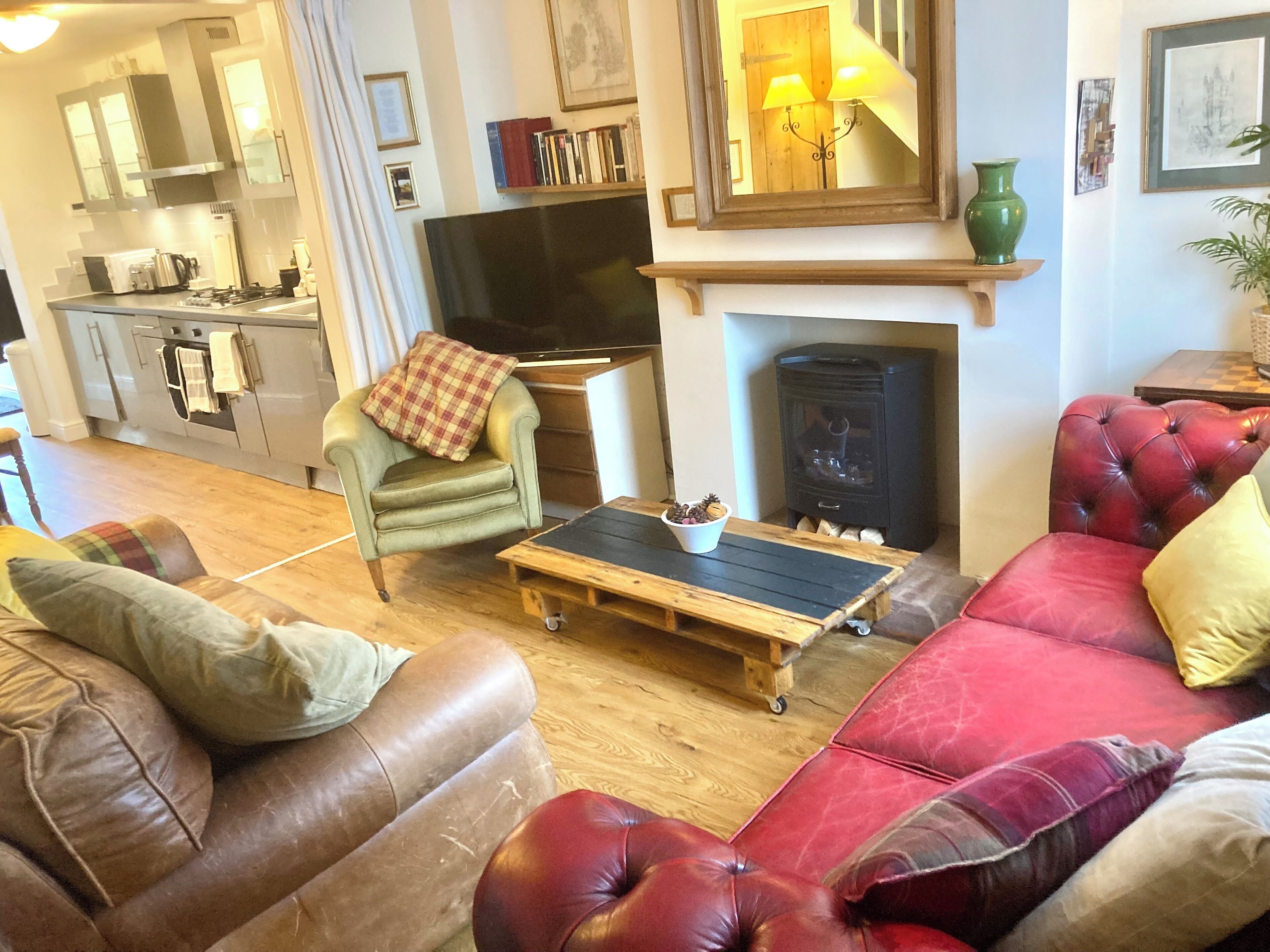 Smart TV, fireplace, books