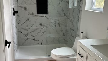 Hair dryer, towels, soap, toilet paper