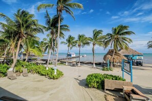 Een strand met palmbomen, een hut met rieten dak en een blauw gebouw met de tekst 'Vibe Bar & Grill'.
