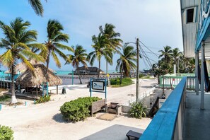 Une vue sur la plage, avec des palmiers, une structure à toit de chaume et un panneau indiquant « Jade Vista ».