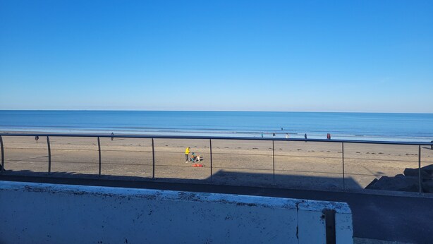 Una playa con cielo despejado, orilla arenosa y barandilla de metal.