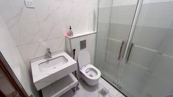 Hair dryer, towels, soap, toilet paper