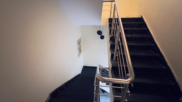 Un escalier doté d’une rampe métallique et de marches noires, menant à un palier où se trouvent un interrupteur et un tableau encadré accroché au mur.