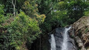 Una cascata che si getta su un terreno roccioso, con una pila di pietre in primo piano.