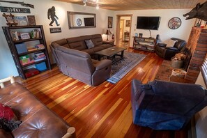 Televisión, chimenea y libros 