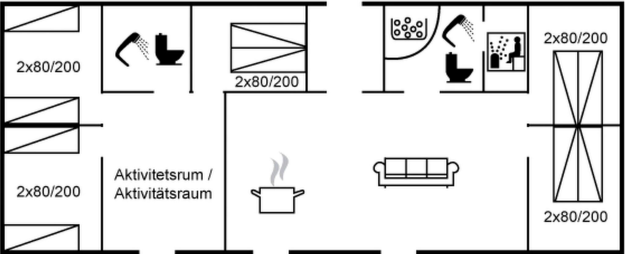 Distribución de una habitación de hotel con kitchenette, baño y zona de estar.