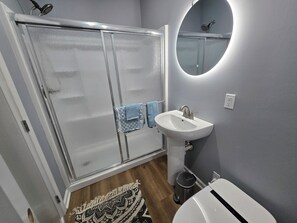 Shower, hair dryer, bidet, towels