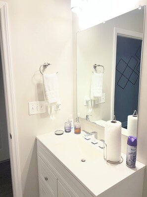 A bathroom with a white vanity, a large mirror, two towels, a soap dispenser, and a toilet paper holder. - Private 1-Bedroom Retreat (Charlotte)