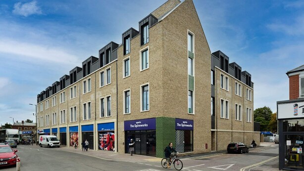 A modern building with two ground-floor stores named 'The Spireworks'. - Spireworks (Oxford)